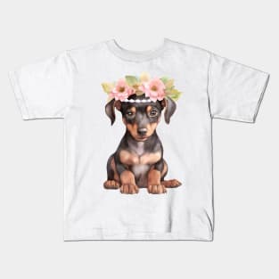 Watercolor Doberman Pinscher Dog with Head Wreath Kids T-Shirt